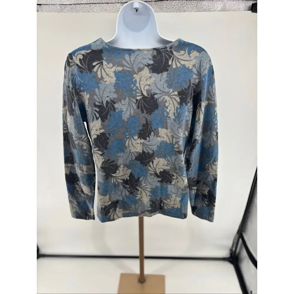 Tweeds Leaf Print V-Neck Sweater Wool Angora Rabbit Hair Size Medium